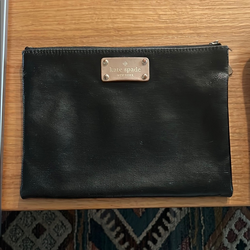 kate spade Black Travel Zip Pouch with Leather Plate